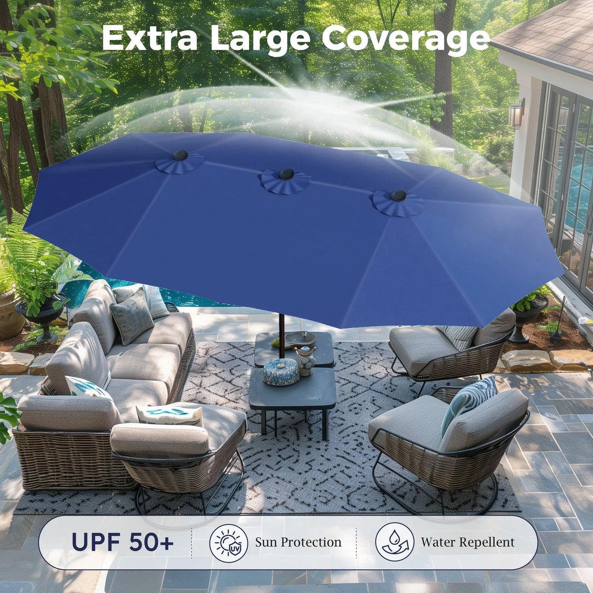 2026 NewAlpha Joy 15ft Outdoor Patio Umbrella Extra-Large Double-Sided Garden Umbrella with Crank Handle and Base - Smoky Gray