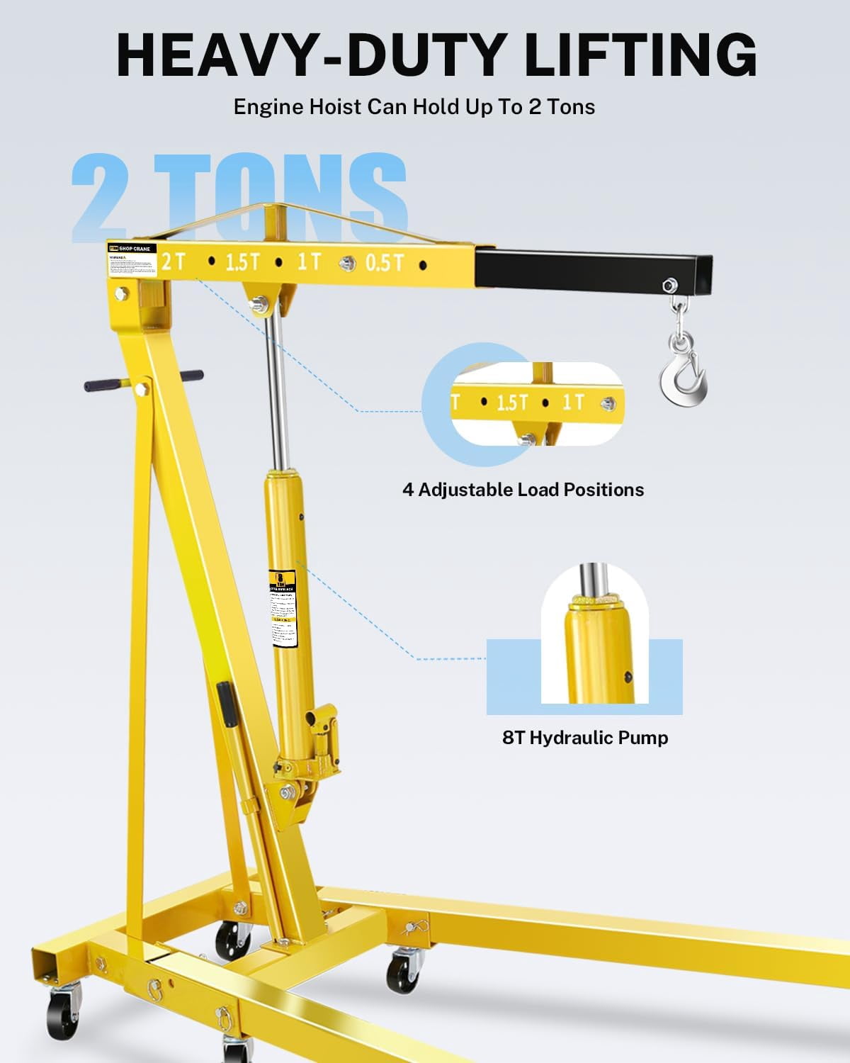 Memoryfield 2 Ton Folding Engine Hoist, 4400LB Hydraulic Cherry Picker Hoist Lift, Shop Crane with 6 Casters, Telescopic Boom for Lifting Motors, for Garage, Workshop, Red