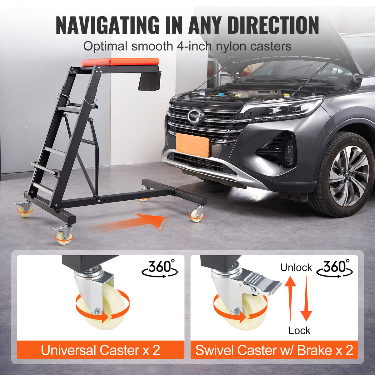 KFFKFF Superior Car Creeper, Mechanic's Creeper with Variable Height 45.7" to 66.3", 400 LBS Load Capacity, 4 Rotating Caster Wheels, Robust Collapsible Creeper for Vehicle Servicing and Upkeep