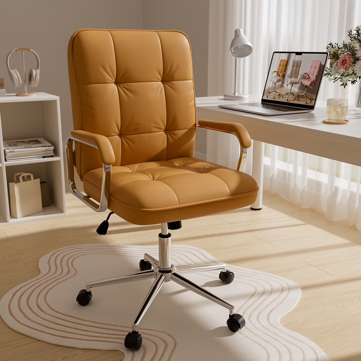 2026 NewSolfway White Office Chair, Swivel Leather Computer Desk Chair with Wheels and Padded Arms, Executive Office Chair for Adults