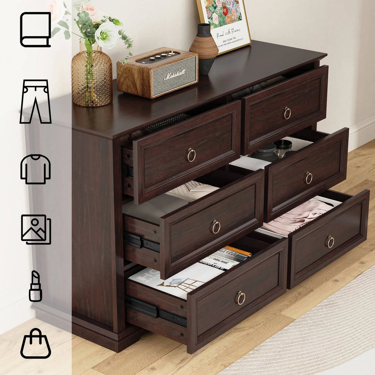 2026 NewFAGAGA 6 Drawers Dresser for Living Room,Storage Cabinet Wooden Dressers Organizer for Bedroom,White