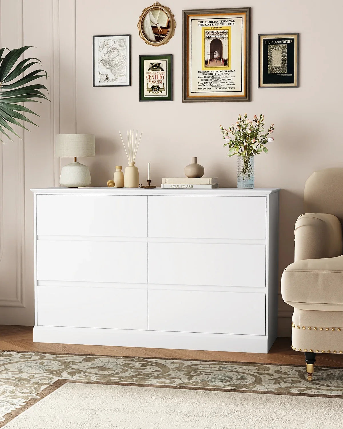 2026 NewWhite Dressers Bedroom Dresser 6 Drawer Storage Chest of Drawers Double Dresser Storage Side Cabinet Room Furniture for Bedroom Living Room