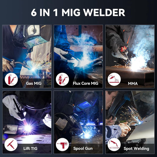ARCCAPTAIN 6 in 1 MIG Welder, 200A Welding Machine Multiprocess 110V/220V, Flux Core MIG/Gas MIG/Lift TIG/Stick/Spool Gun MIG/Spot Welder with Synergy