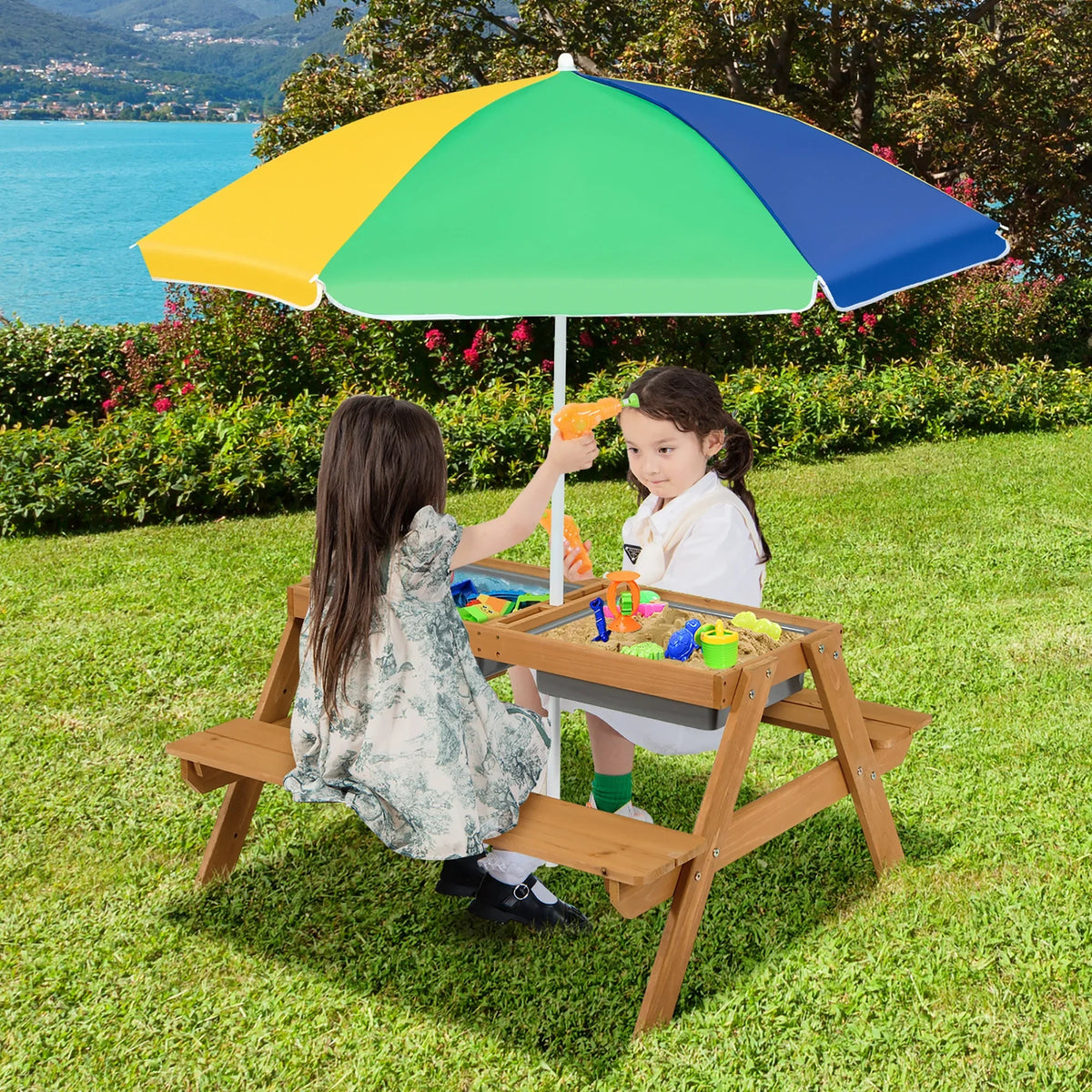 2026 NewCostway 3-in-1 Kids Picnic Table Wooden Outdoor Sand & Water Table with Umbrella Play Boxes Green