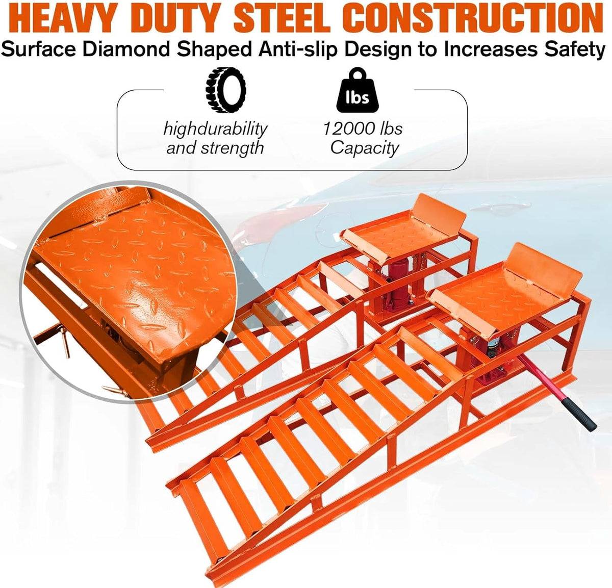 2PCS Hydraulic Car Truck Service Ramps 12 000 lbs Heavy Duty Garage Lift Ramps Adjustable 9.8 In -15 In for Oil Changes and Repairs Orange