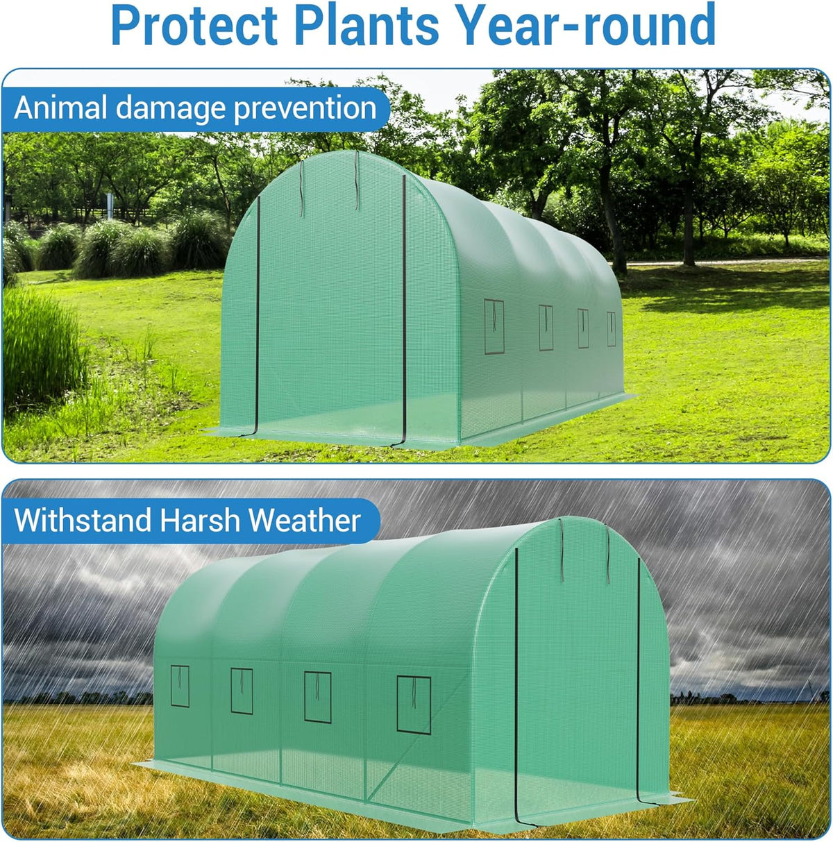 Garvee Tunnel Walk-In Greenhouse, 15 x 6.5 x 6.5 ft, Galvanized Steel Frame, 8 Vents & Roll-up Door