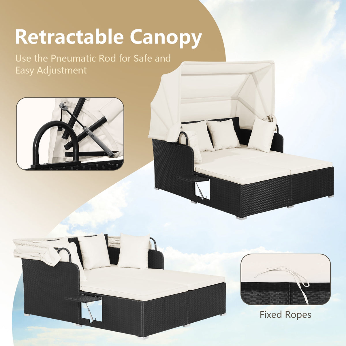 Gymax Patio Hand-Woven PE Wicker Daybed Outdoor Loveseat Sofa Set w/ Off White Cushions