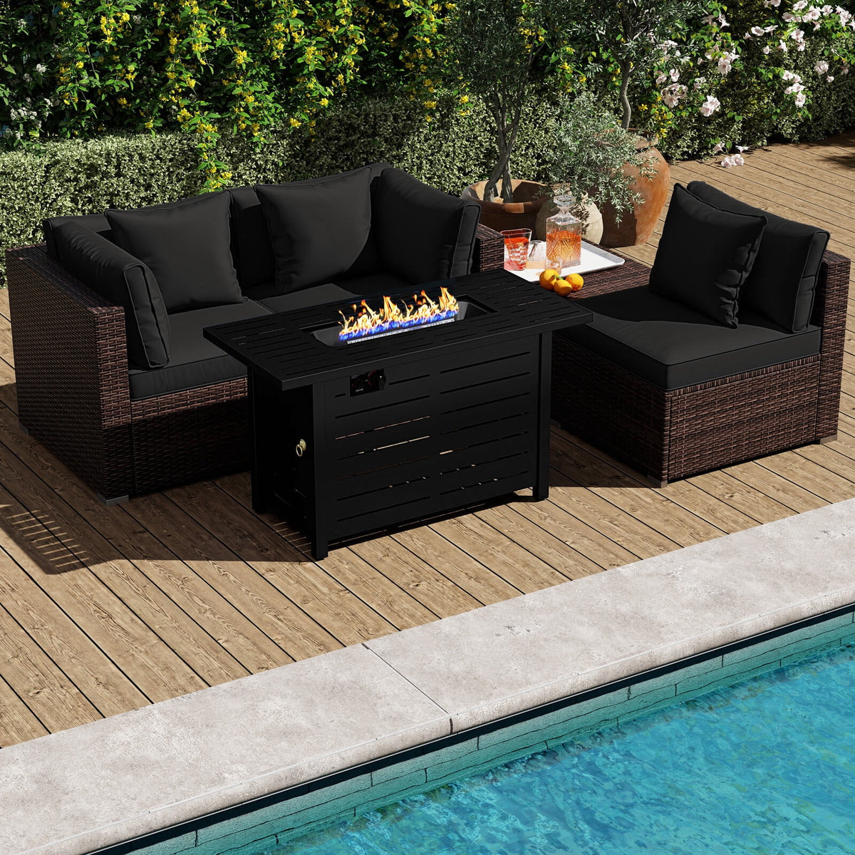 Costway 5 PCS Patio Furniture Set Heavy-duty Frame Rattan Sofa Set with 60,000 BTU Firepit Table Black