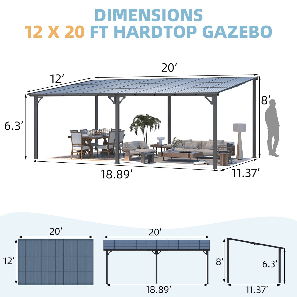 AECOJOY 20 x 12 Ft Wall-Mounted Hardtop Gazebo, Polycarbonate Roof & Metal Frame, Dark Grey