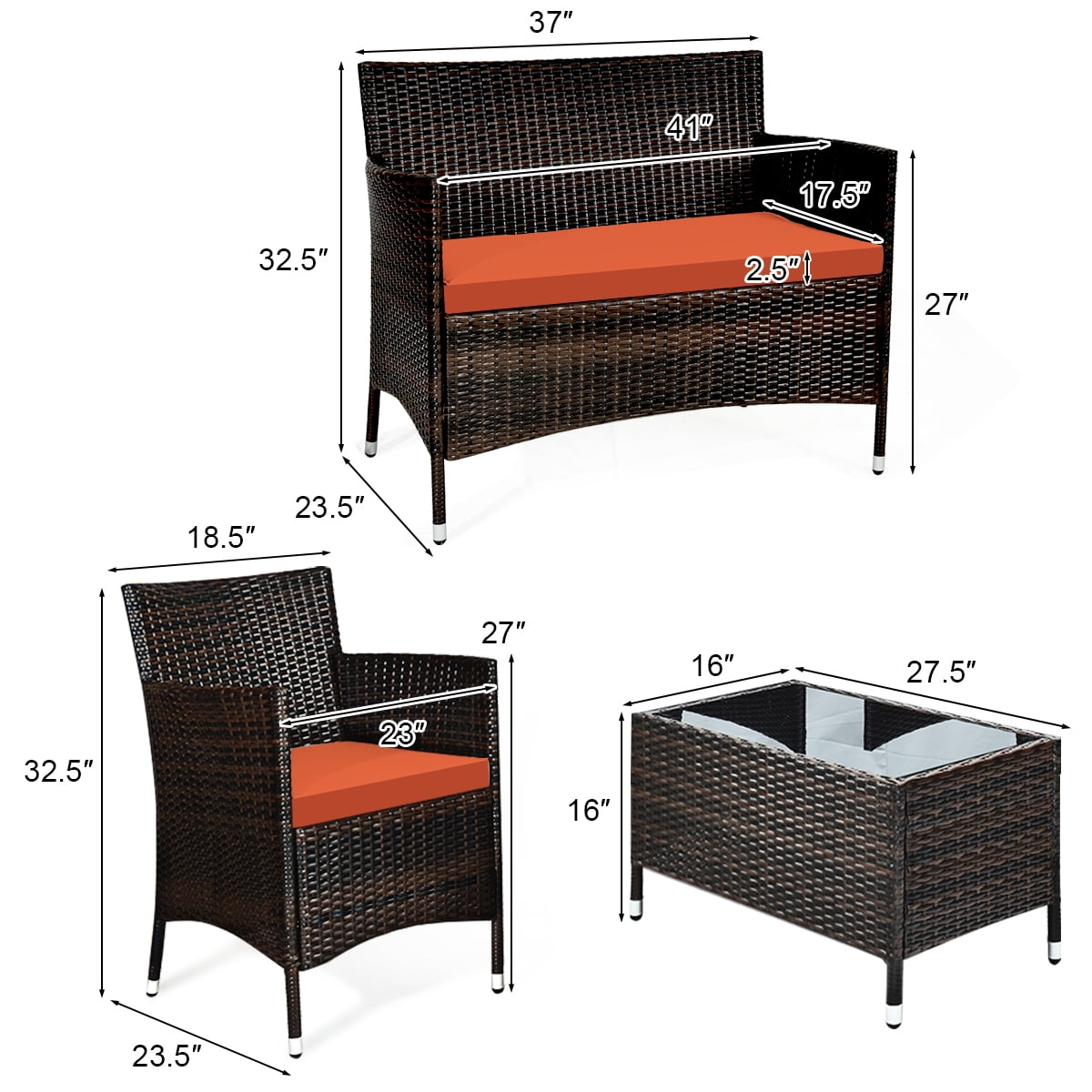 Costway 4PCS Rattan Patio Furniture Set Cushioned Sofa Chair Coffee Table Orange