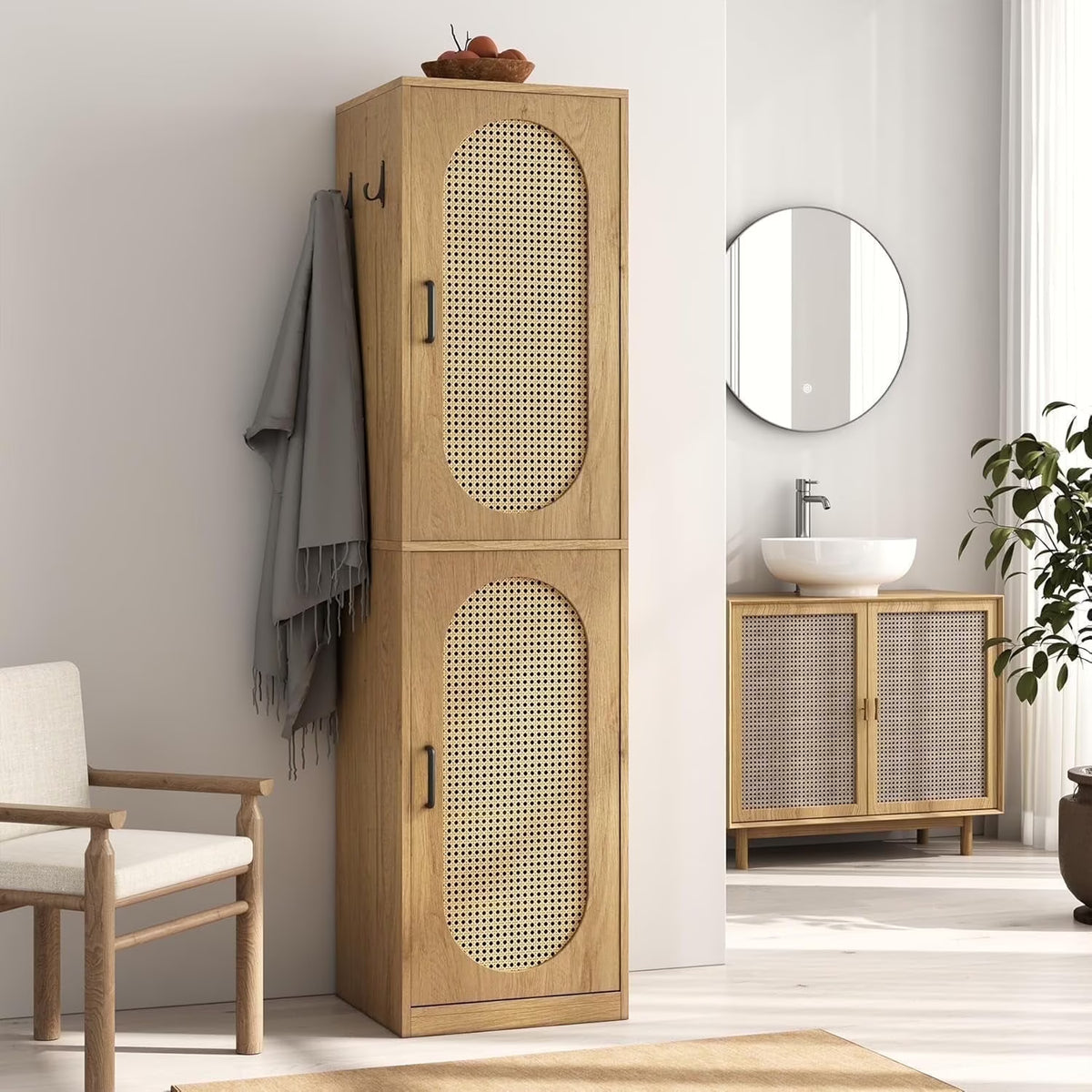 2026 New66-Inch Bathroom Storage Cabinet with Rattan Doors, Bath Room Organizer Floor Cabinets Brown