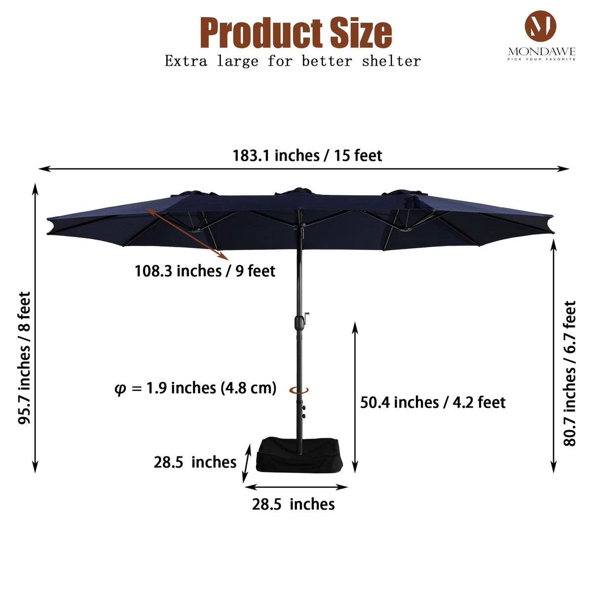 2026 NewMondawe 15ft Patio Umbrella Rectangular Outdoor Market Umbrella with Base and LED Lights Beige