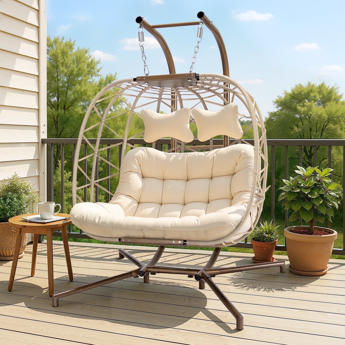 2026 NewRADIATA Double Wicker Egg Swing Chair with Stand, 2-Person Hanging Egg Chair for Indoor/Outdoor, 700lbs Capacity, Thick Cushions & Headrest,Sturdy Metal Frame"Dark Gray