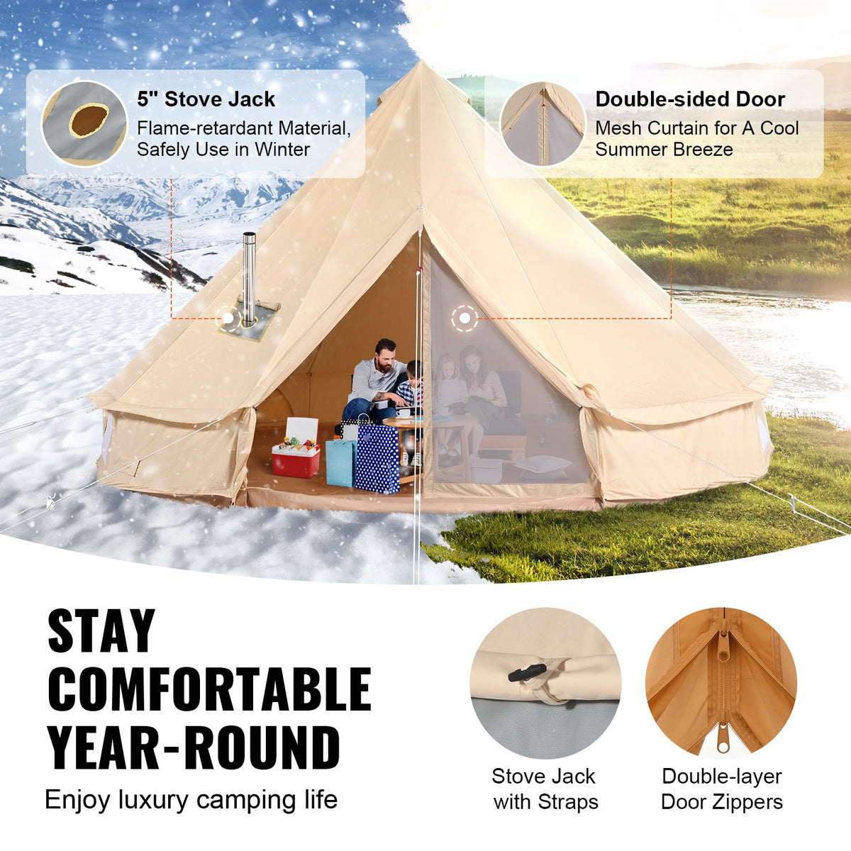 KFFKFF Fabric Bell Shelter, All-Weather 3 m/9.8ft Nomadic Tent, Camping Canvas Tent with Stove Outlet, Ventilated Shelter Accommodates 4 Individuals, Outdoor Family Camping and Hunting Gathering