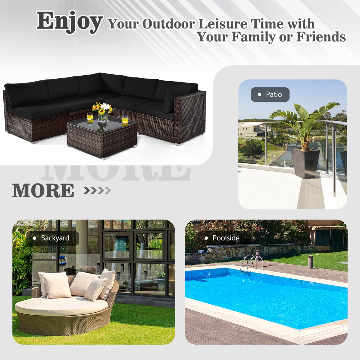 Costway 6PCS Patio Rattan Furniture Set Cushioned Sofa Coffee Table Black