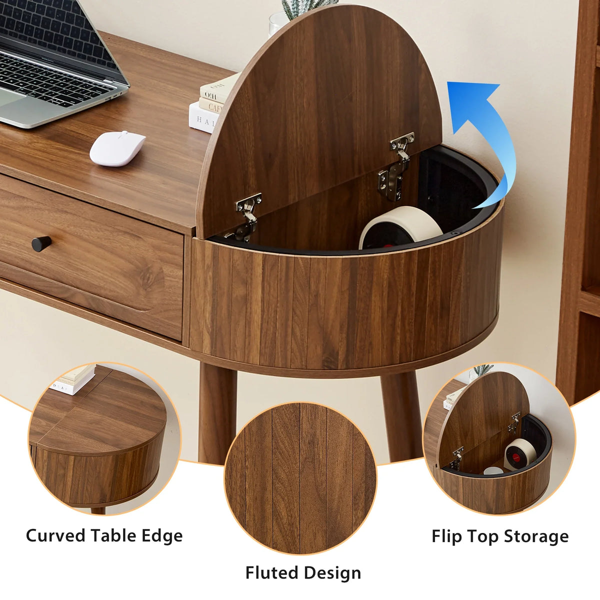 2026 NewYOCWO Modern Home Office Desk with 2 Drawers and 2 Fflip-top Storage, Oval Computer PC Desk Table, Vanity Desk with Fluted Curved Table Edge, Walnut