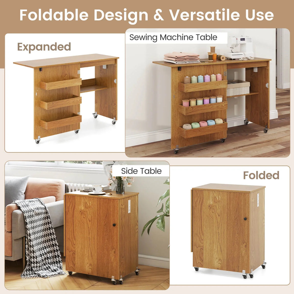 2026 NewCostway Folding Sewing Table Rolling Craft Station with 3 Storage Bins & Charging Station Natural