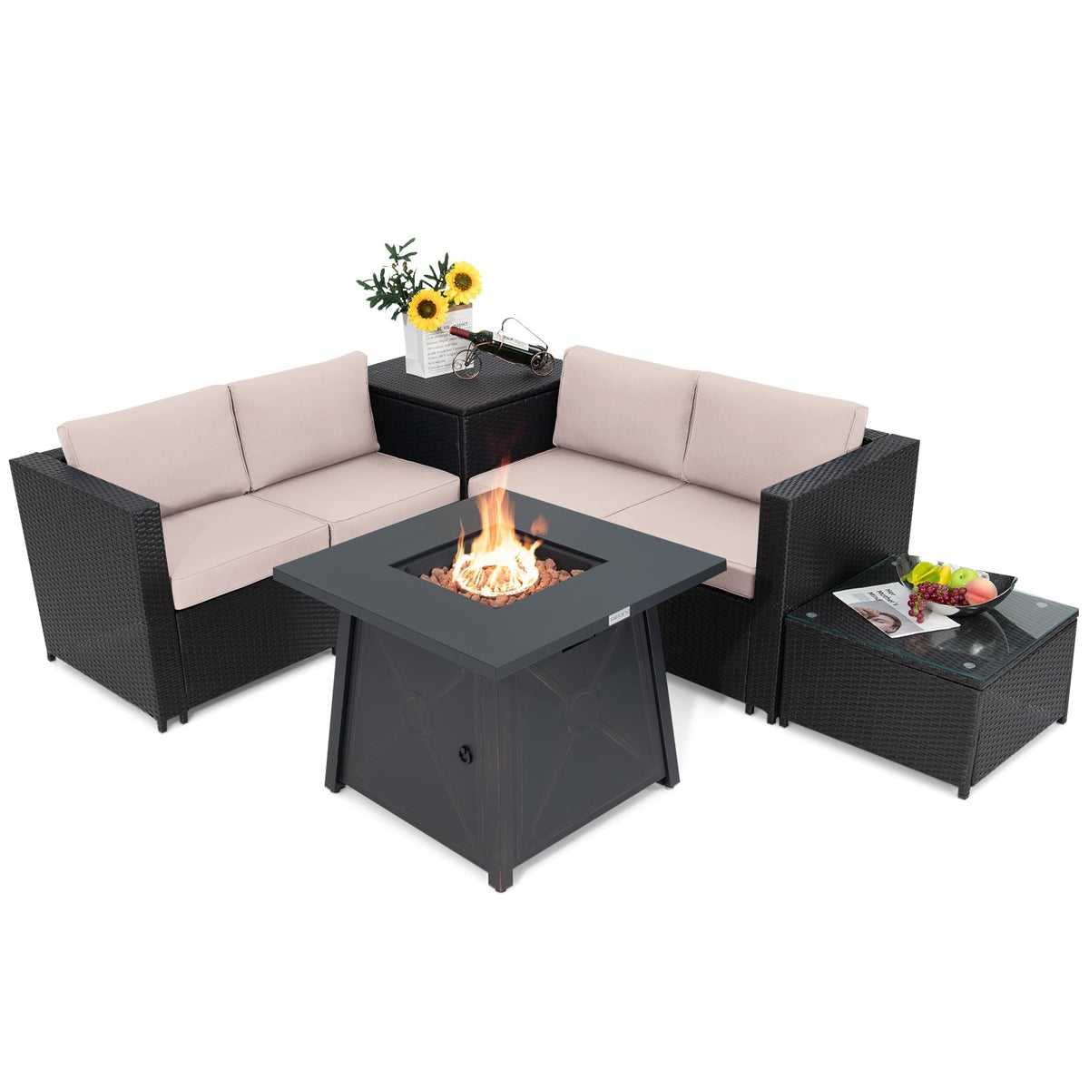 Patiojoy 5-Piece Outdoor Patio Furniture Set with 50,000 BTU Propane Fire Pit Table Patio PE Wicker Conversation Set with Cushions Storage Box and Tempered Glass Coffee Table Beige