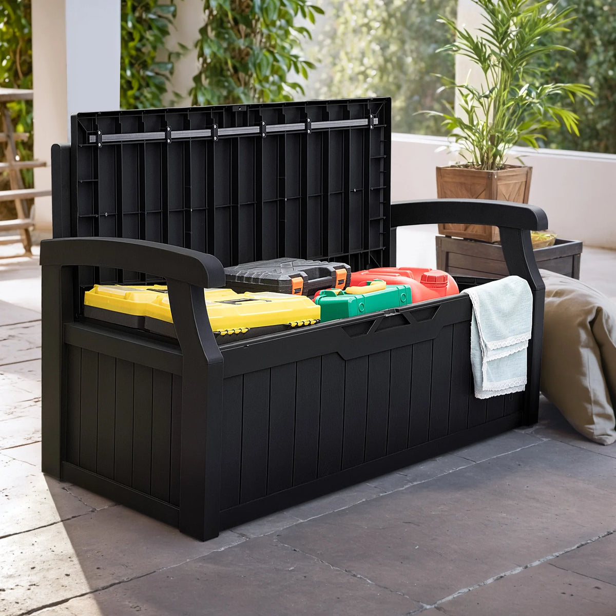 2026 NewHomall 80 Gallon Plastic Storage Bench Made Of Durable Weatherproof Resin And Deck-Box Organized Storage Compartment For Outdoor Patios And Lawns,Black
