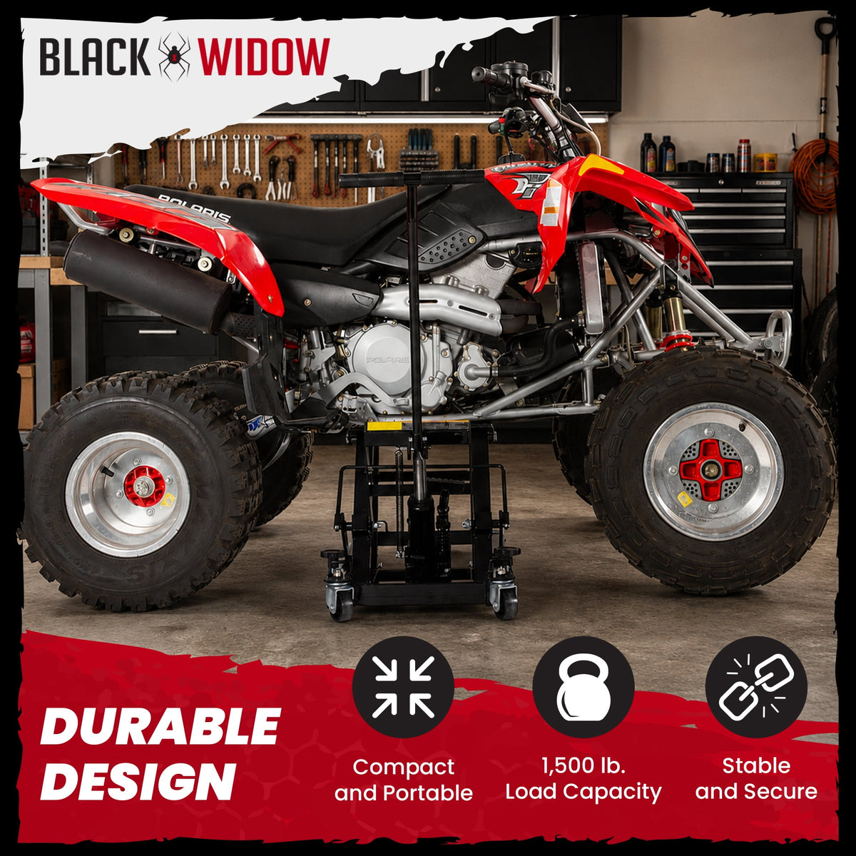 Black Widow Motorcycle and ATV Hydraulic Lift Jack Stand up to 1500 Pounds, Black