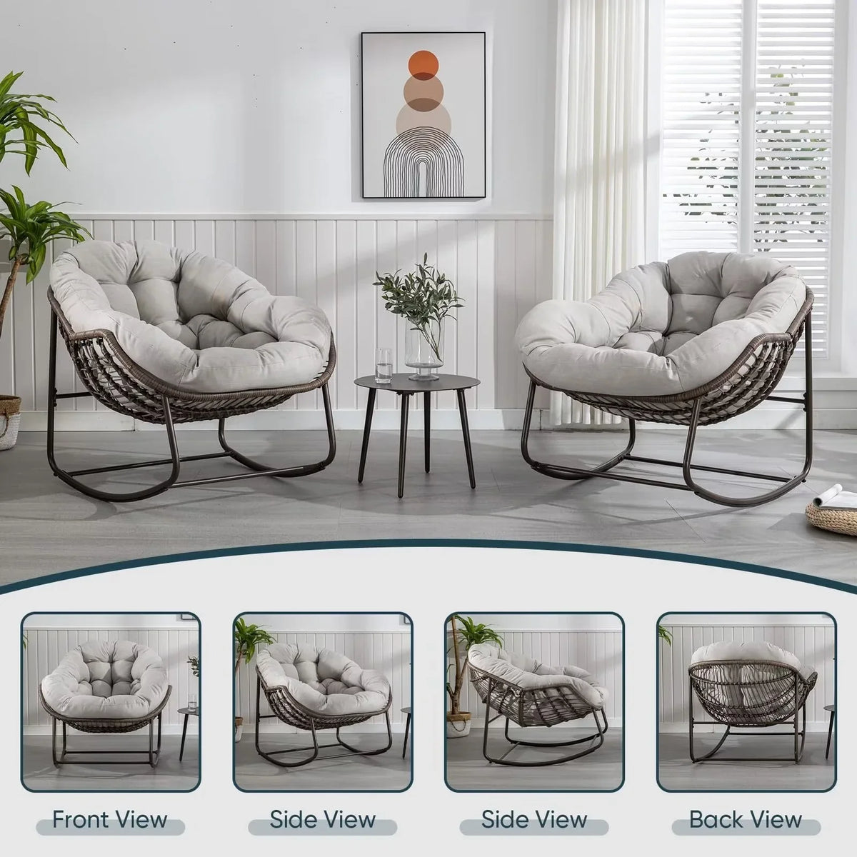 2026 NewOutdoor Papasan Rocking Chair, Patio Oversized Wicker Egg Rocking Chair, Indoor & Outdoor Comfy Rocker Chair with Thick Cushion, Modern Lounge Chair for Front Porch, Garden, Backyard, Grey