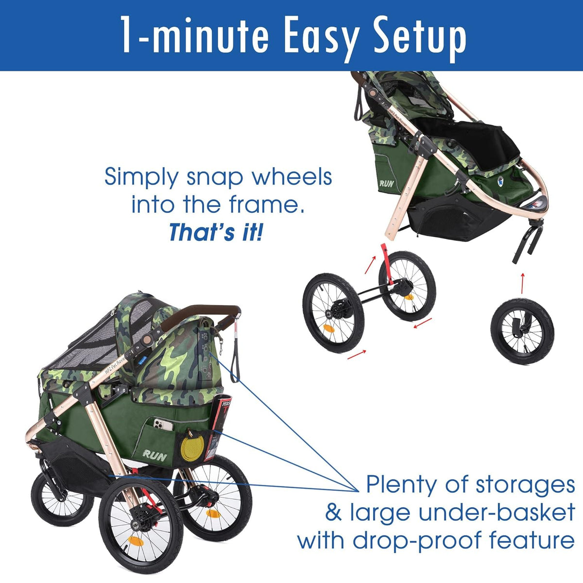 Jogging Sports Stroller with Comfort Rubber Wheels/Zipper-Less Entry/1-Hand Quick Fold/Aluminum Frame for Small/Medium Dogs, Cats and Pets (Green Camo)