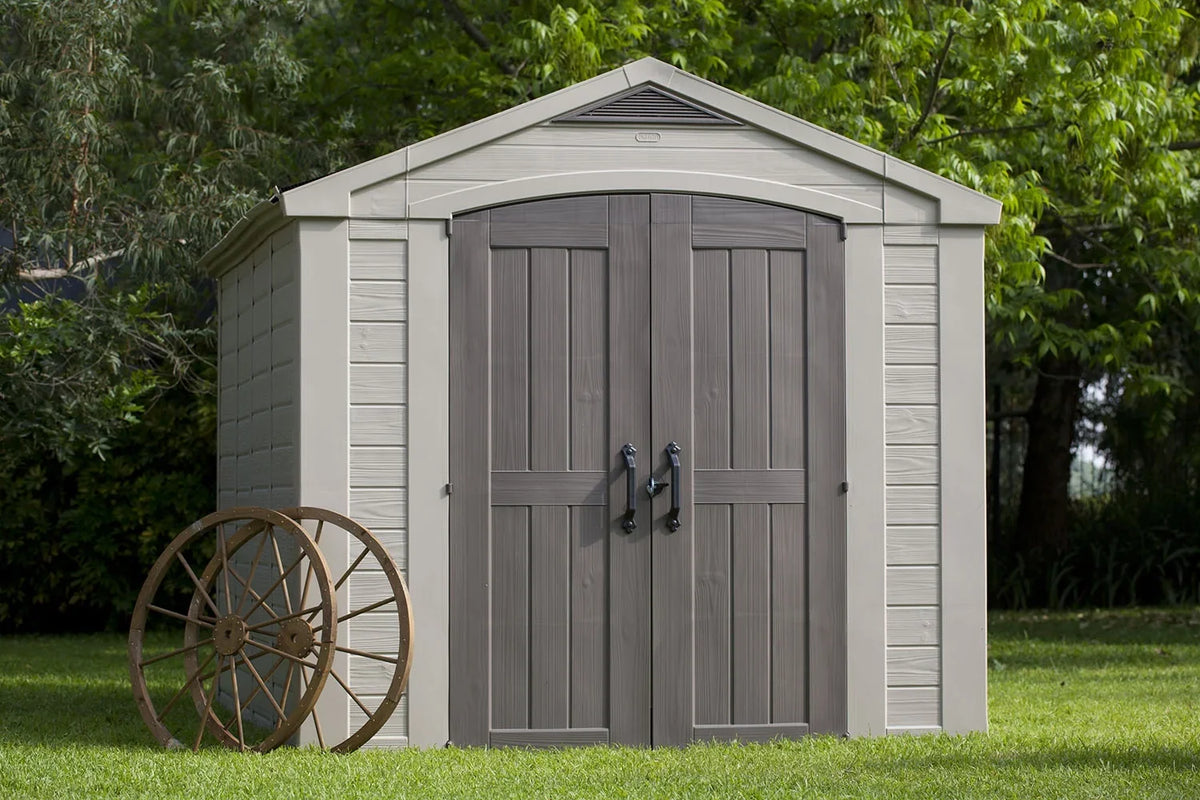 2026 NewKeter Factor 8 x 11 Foot All Weather Resin Outdoor Storage Shed, Taupe
