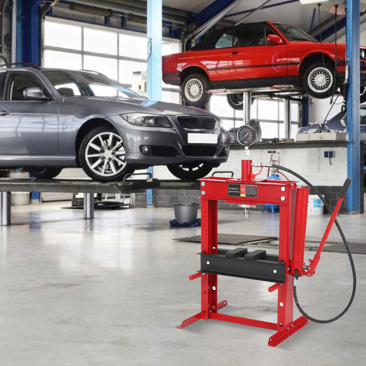 10 Ton Hydraulic Press, Heavy-Duty Adjustable H-Frame Garage Floor Shop Press with Stamping Plates to Straighten Bend or Press Parts, for Straightening/Automotive Repair/Garage Use