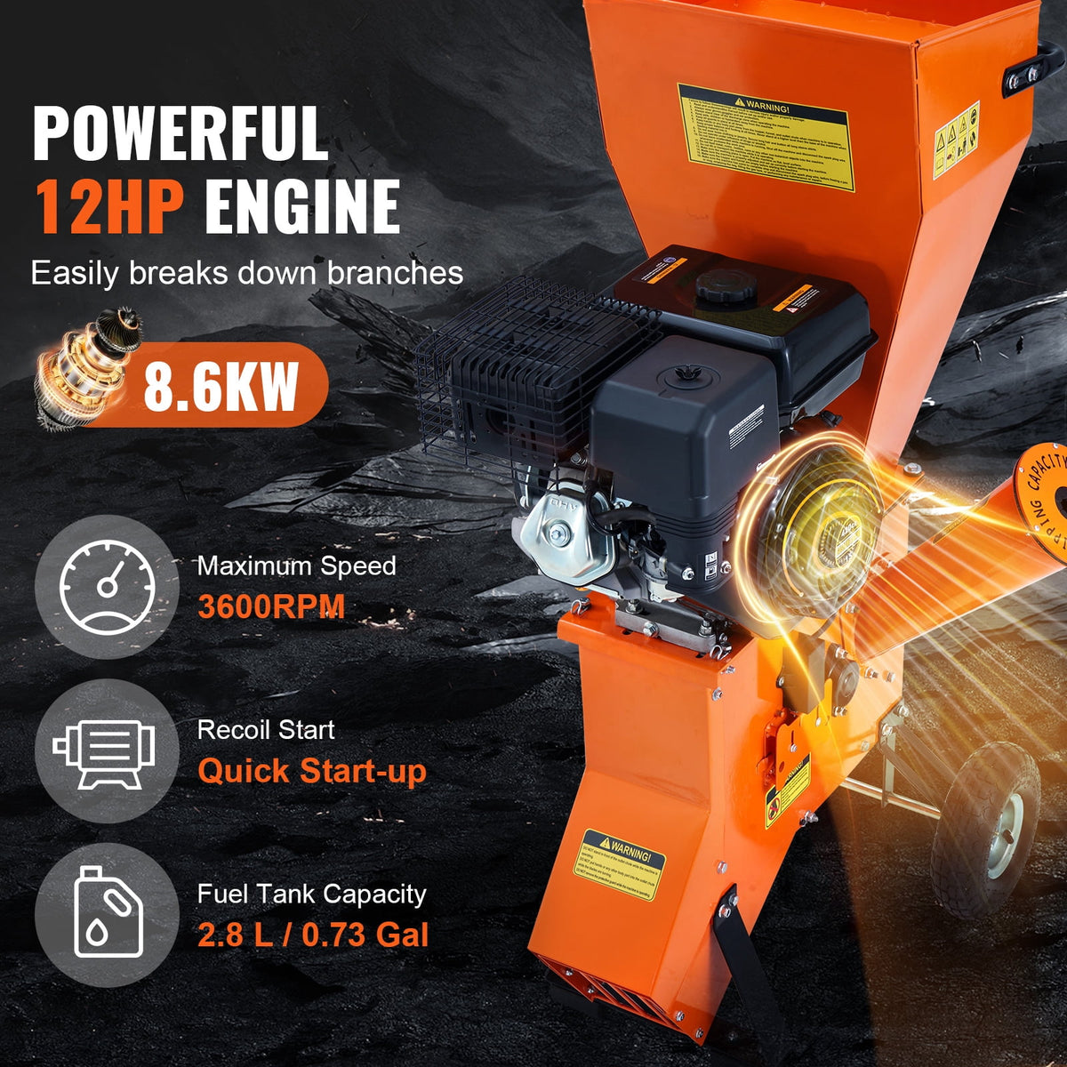 KFFKFF Gas-Powered Wood Chipper Shredder, 12 HP, 420cc Engine, Capable of 6.7” Diameter Chipping, Efficient for Forestry, Garden Clean-up, and Landscaping Tasks, Complies with CE/EMC/EPA Standards
