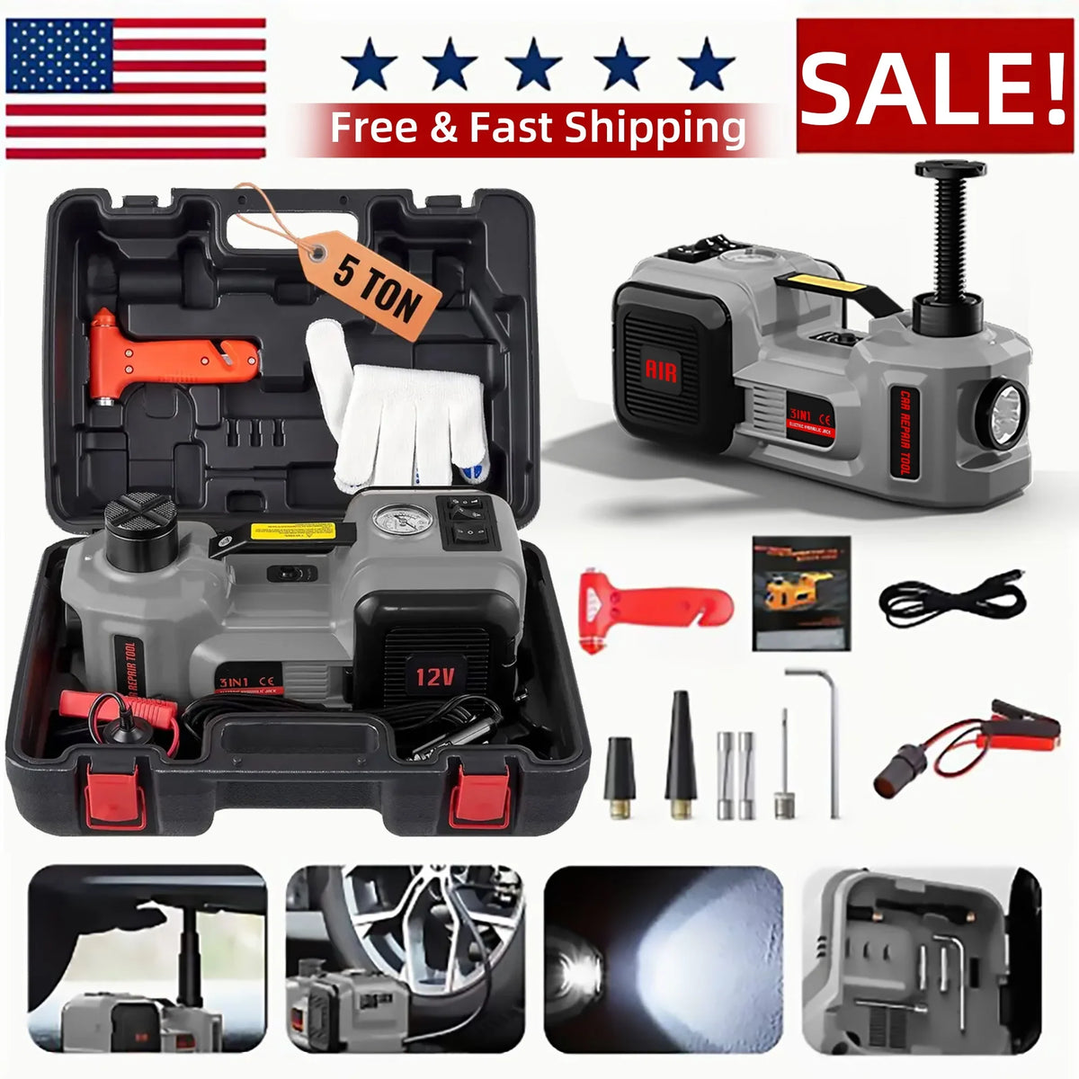 2026 NewSZTAA Electric Car Jack Lift with Air Compressor and Emergency Hammer 5 Ton/11023 lbs Hydraulic Jack for SUV Sedan Truck Change Tires Garage Repair