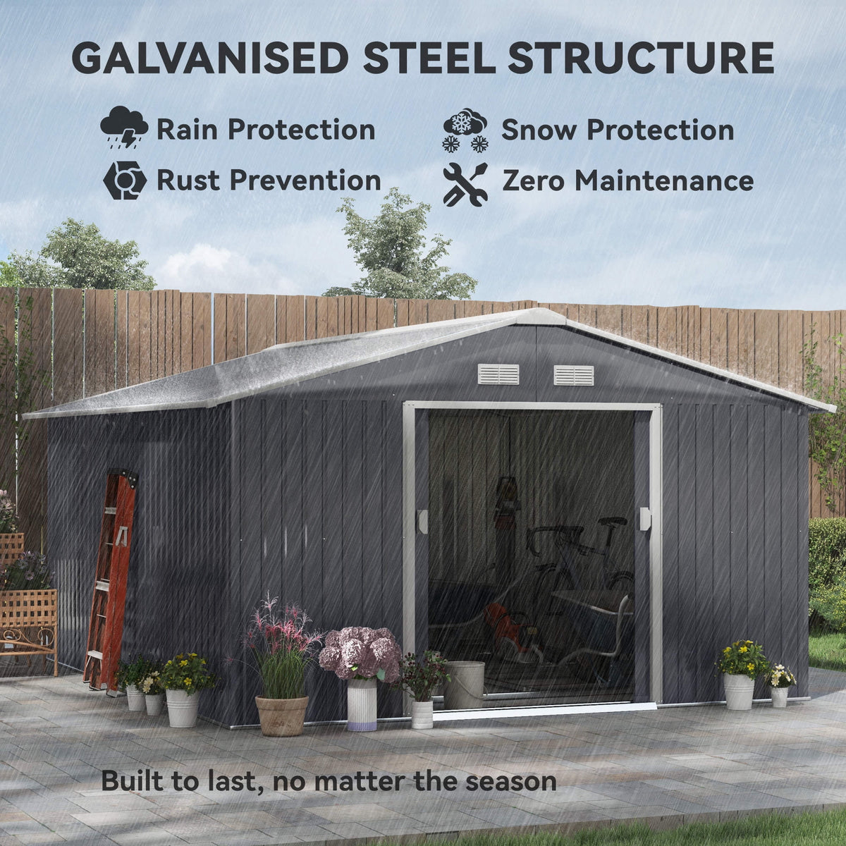 Outsunny 11' x 13' Garden Storage Shed with Foundation Kit, Metal Tool Storage House with Double Doors for Outdoor Patio Yard, Grey