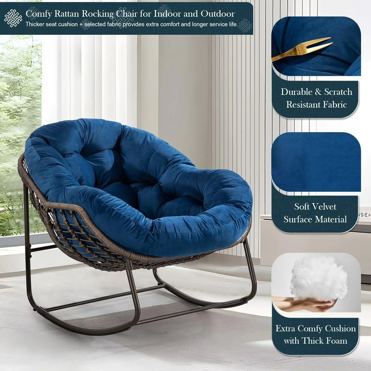 2026 NewOutdoor Papasan Rocking Chair, Patio Oversized Wicker Egg Rocking Chair, Indoor & Outdoor Comfy Rocker Chair with Thick Cushion, Modern Lounge Chair for Front Porch, Garden, Backyard, Grey