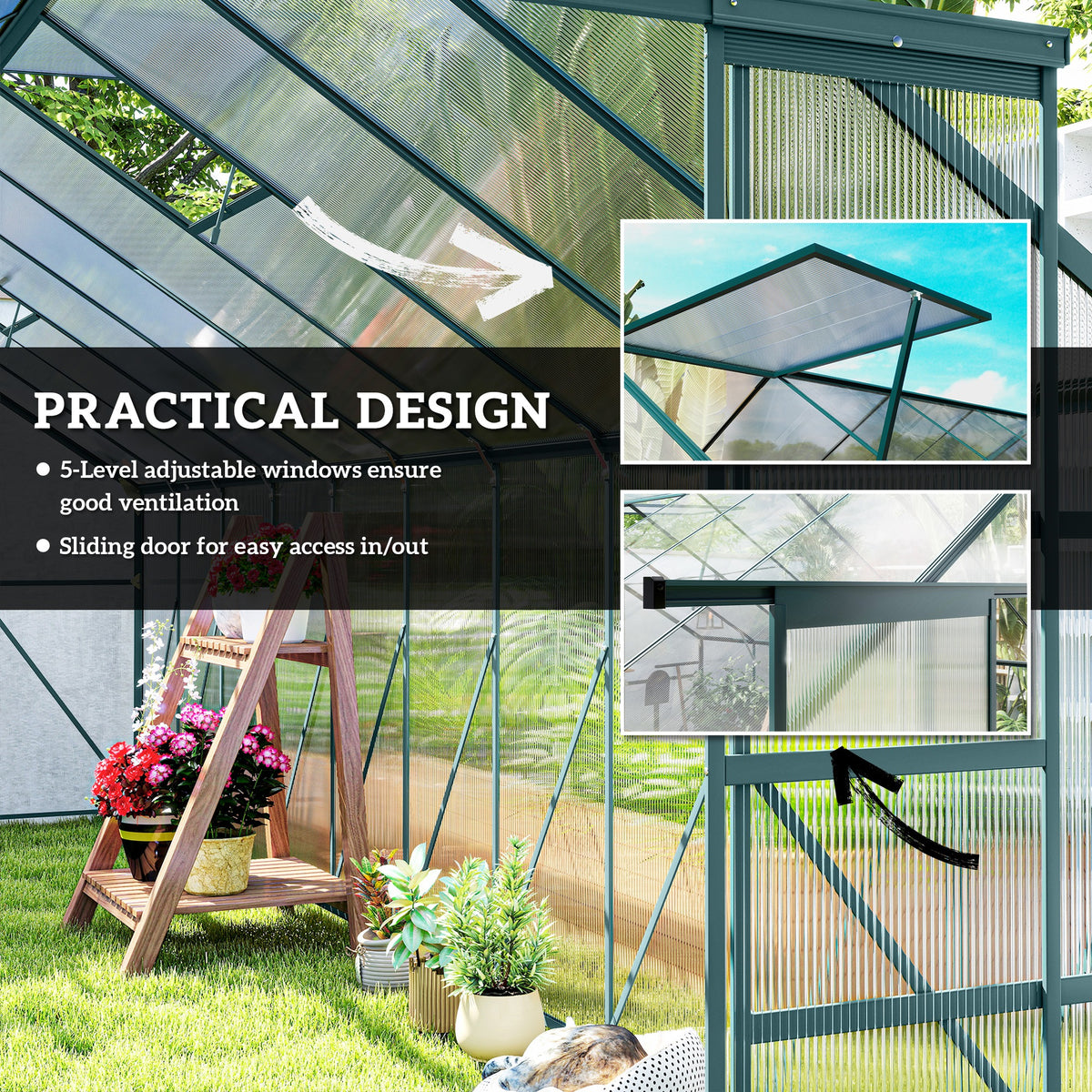 Outsunny Greenhouse Polycarbonate Greenhouse with Rain Gutter, Green