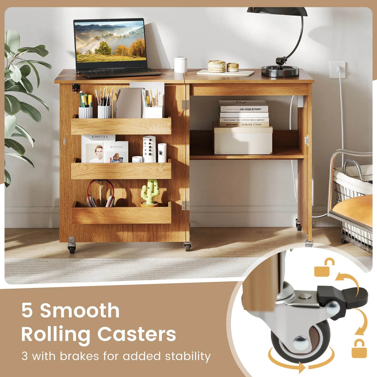 2026 NewCostway Folding Sewing Table Rolling Craft Station with 3 Storage Bins & Charging Station Natural