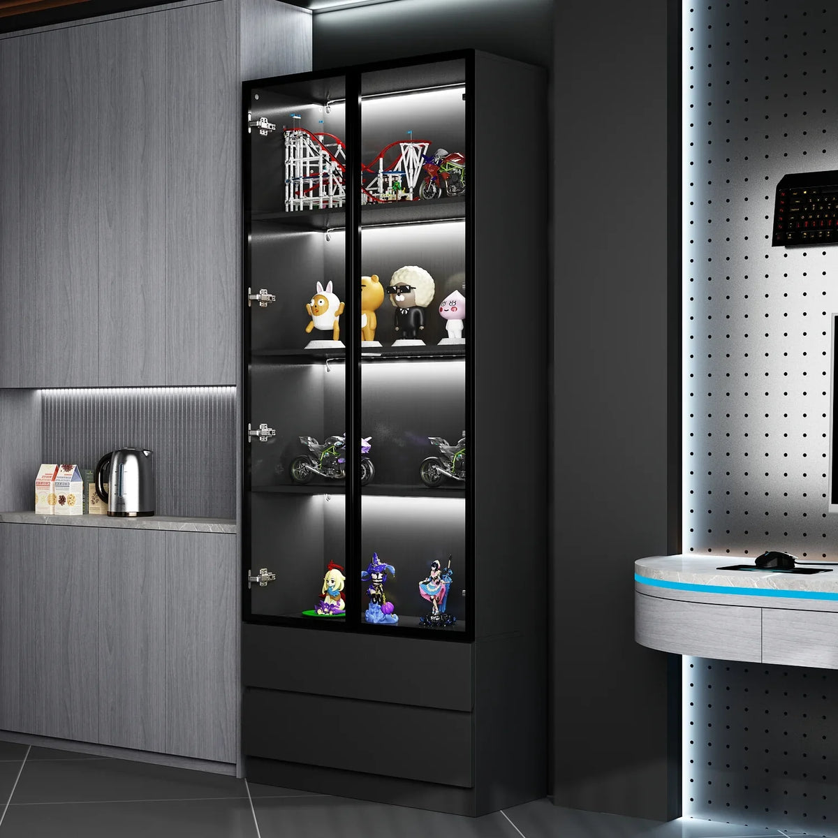 2026 NewKULAGAGA Bookcases Organizer with LED Lights, Heavy Duty Display Cabinet with Glass Door for Living Room, 31.5" Wide