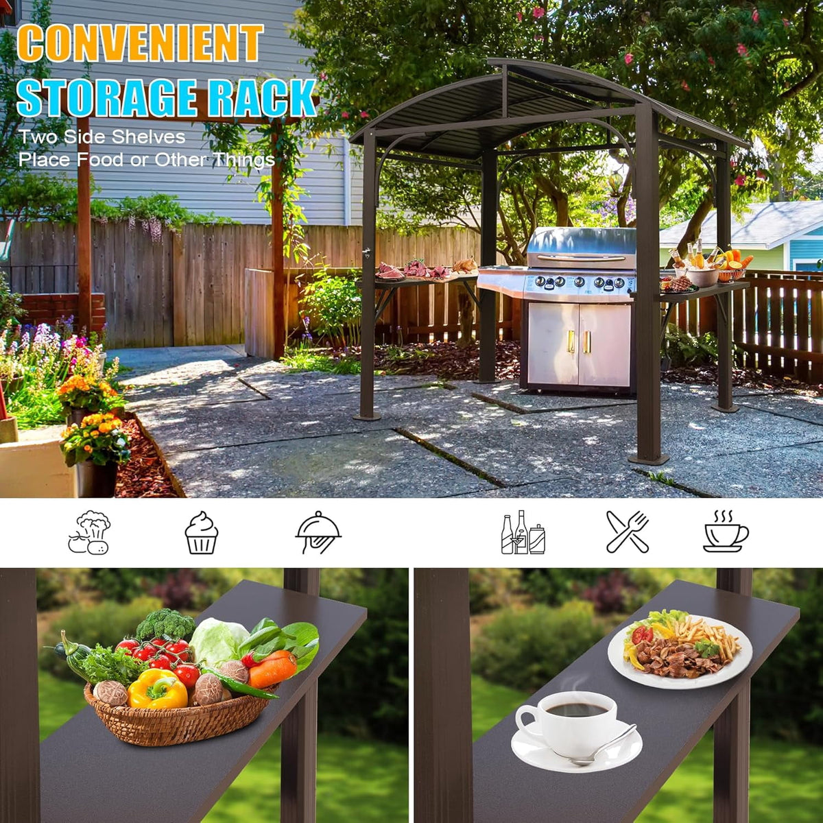 Domi Outdoor Living8x5FT Hardtop Grill Gazebo, BBQ Canopy with Double Galvanized Steel Roof & 2 Side Shelves for Patio,Garden,Backyard, Brown
