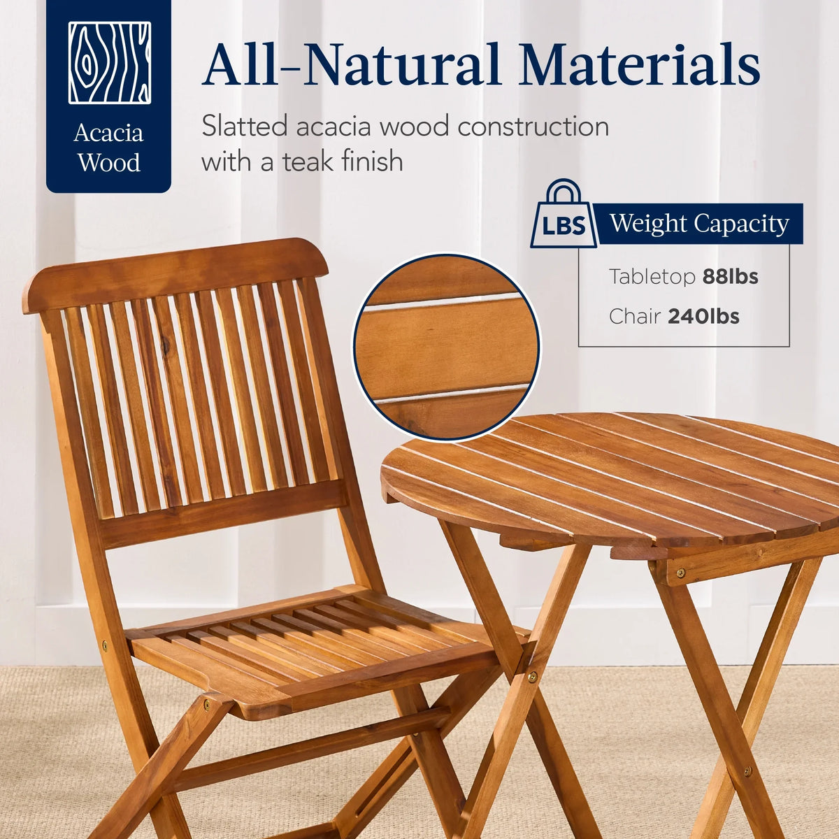 2026 NewBest Choice Products 3-Piece Acacia Wood Bistro Set, Folding Patio Furniture w/ 2 Chairs, Table - Natural