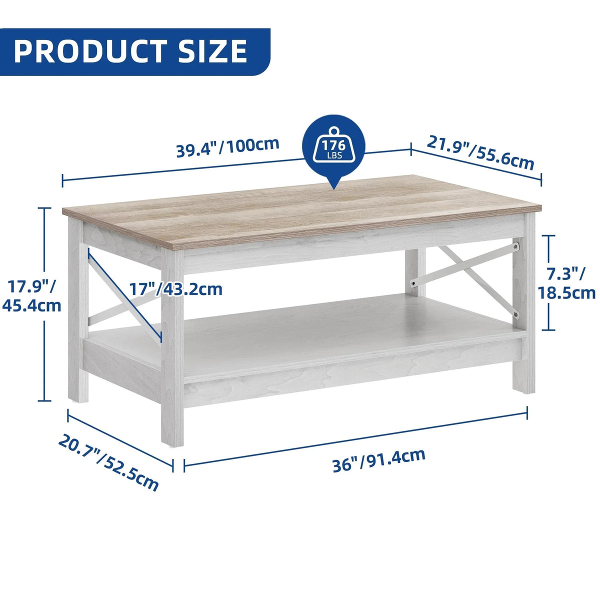 2026 NewMoasis Farmhouse Coffee Table with Storage 2-Tier Center Table for Living Room Grey Wash Top+White