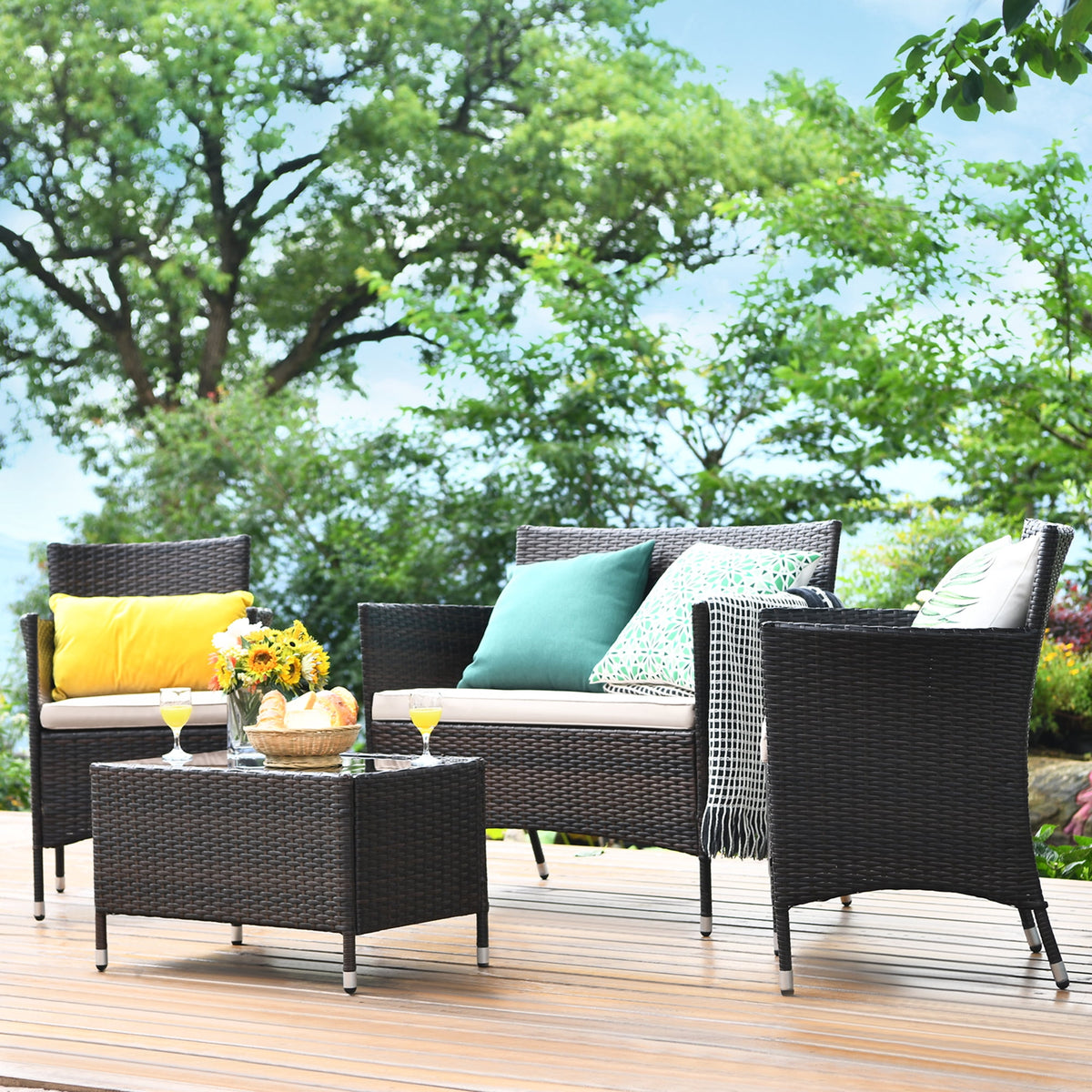 Gymax 8 PCS Patio Garden Rattan Furniture Set Coffee Table Cushioned Sofa Brown