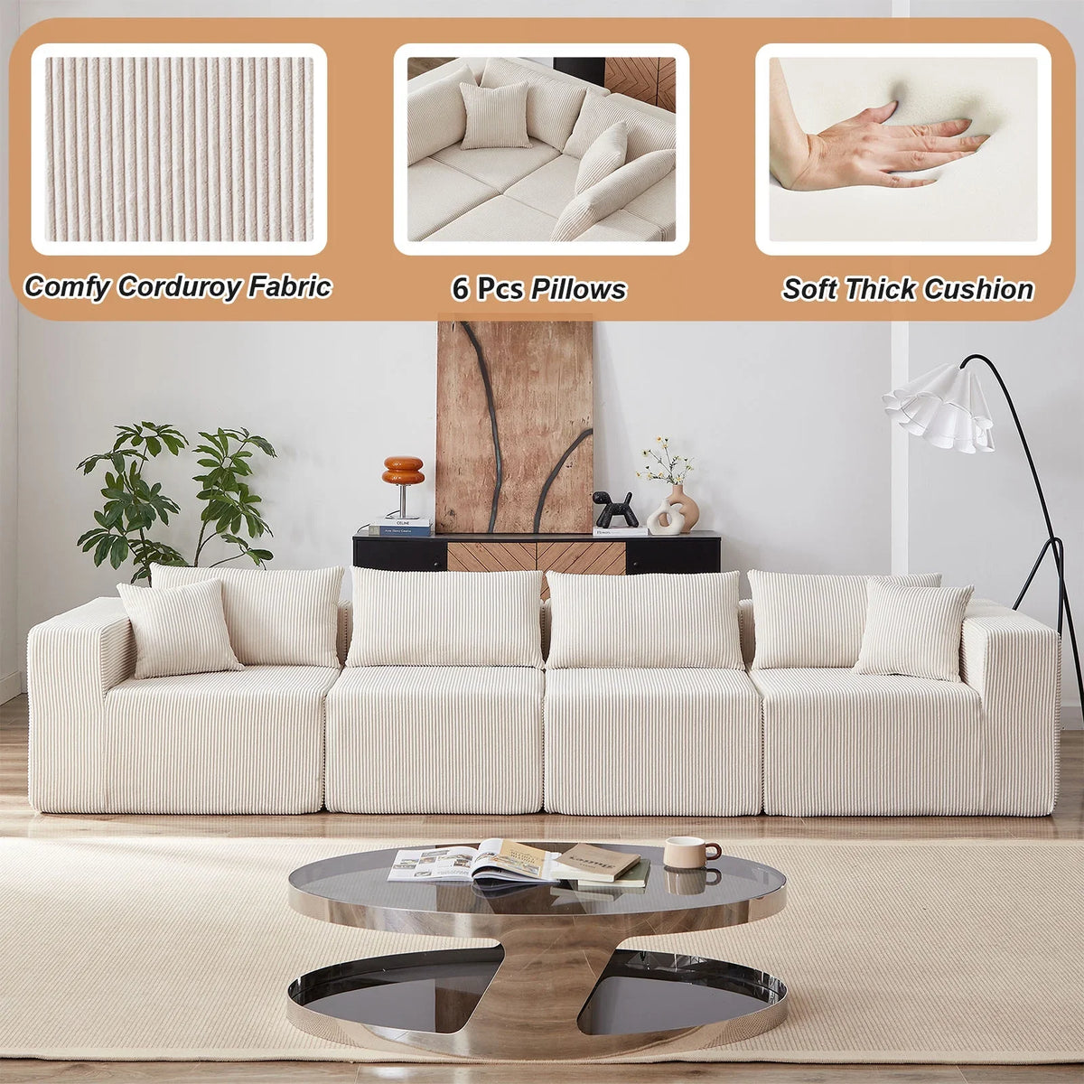 2026 New104-Inch Corduroy Modular L Shaped Sectional Sofa,Luxury Floor Couch Set,Upholstered Indoor Furniture,Foam-Filled Compressed Sofa for Living Room,Bedroom,4 PC Free Combination