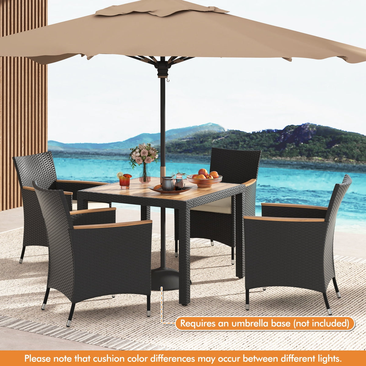 Costway 5 PCS Patio Dining Table Set for 4 Rattan Conversation Set with Umbrella Hole
