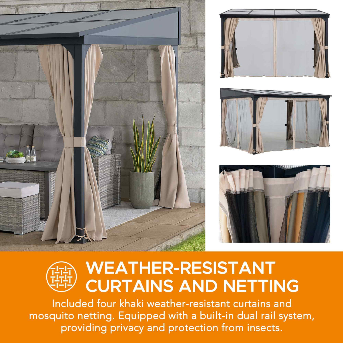 Sunjoy Outdoor Wall Mounted Gazebo 10ft. x 12ft. ,Metal Frame with Polycarbonate Roof, Black Aluminum & Metal Lean-To Gazebo with Curtains and Netting