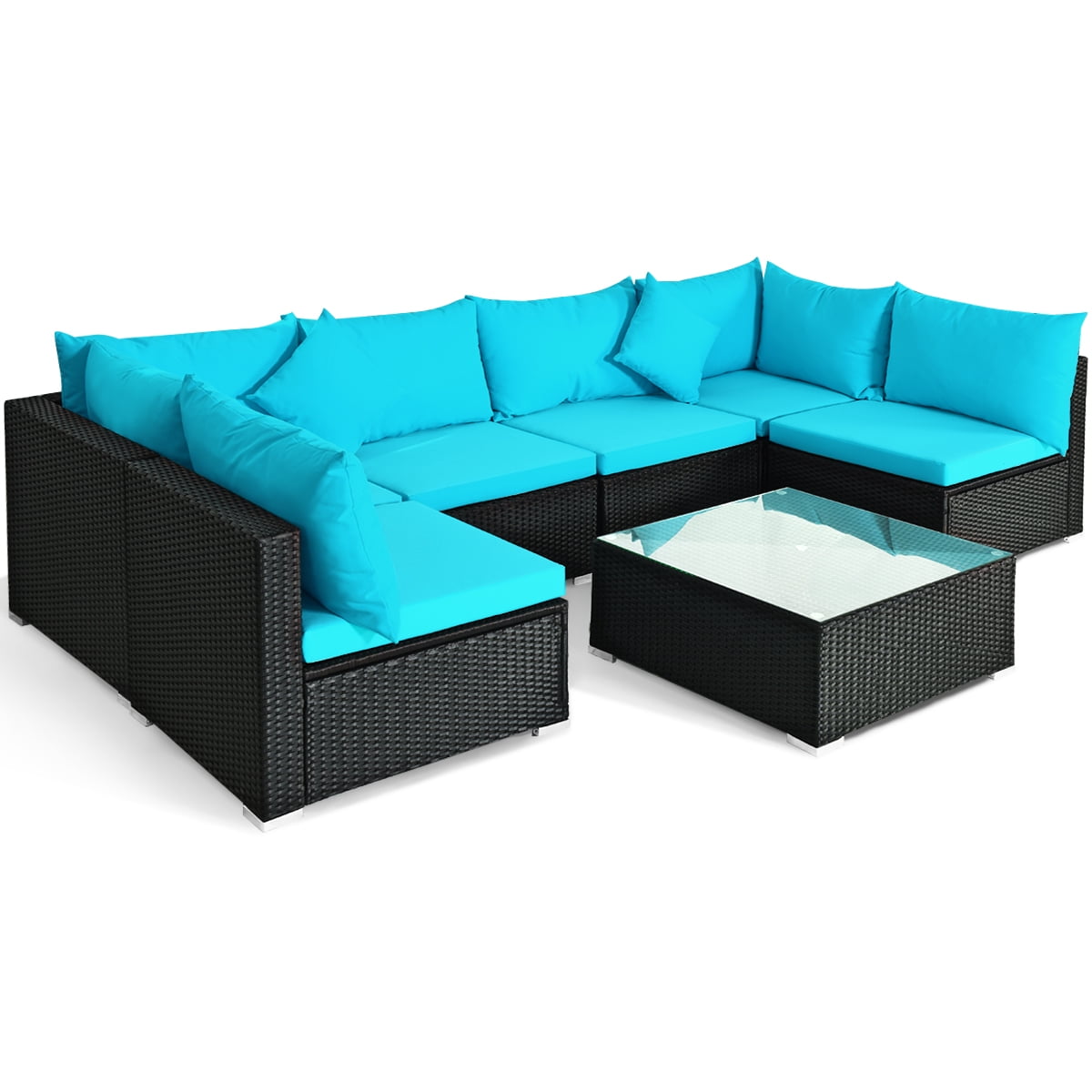 Patiojoy 7-Piece Patio PE Rattan Sectional Sofa Furniture Set Wicker Sofa Conversation Set Turquoise
