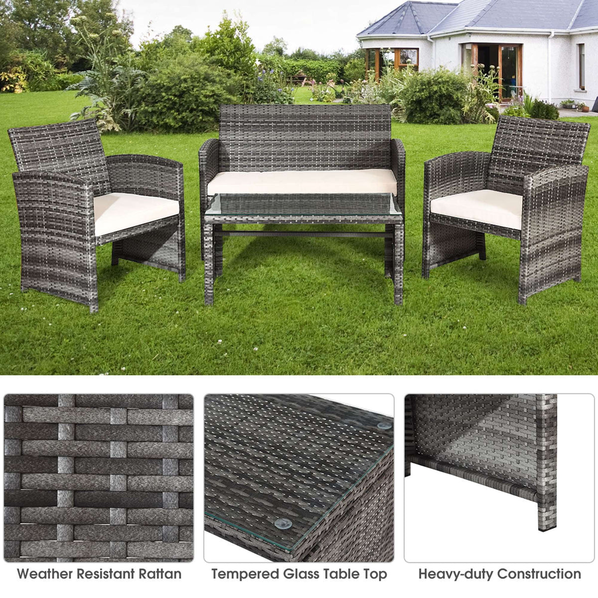 Costway 4PCS Patio Rattan Furniture Set Conversation Glass Table Top Cushioned Sofa