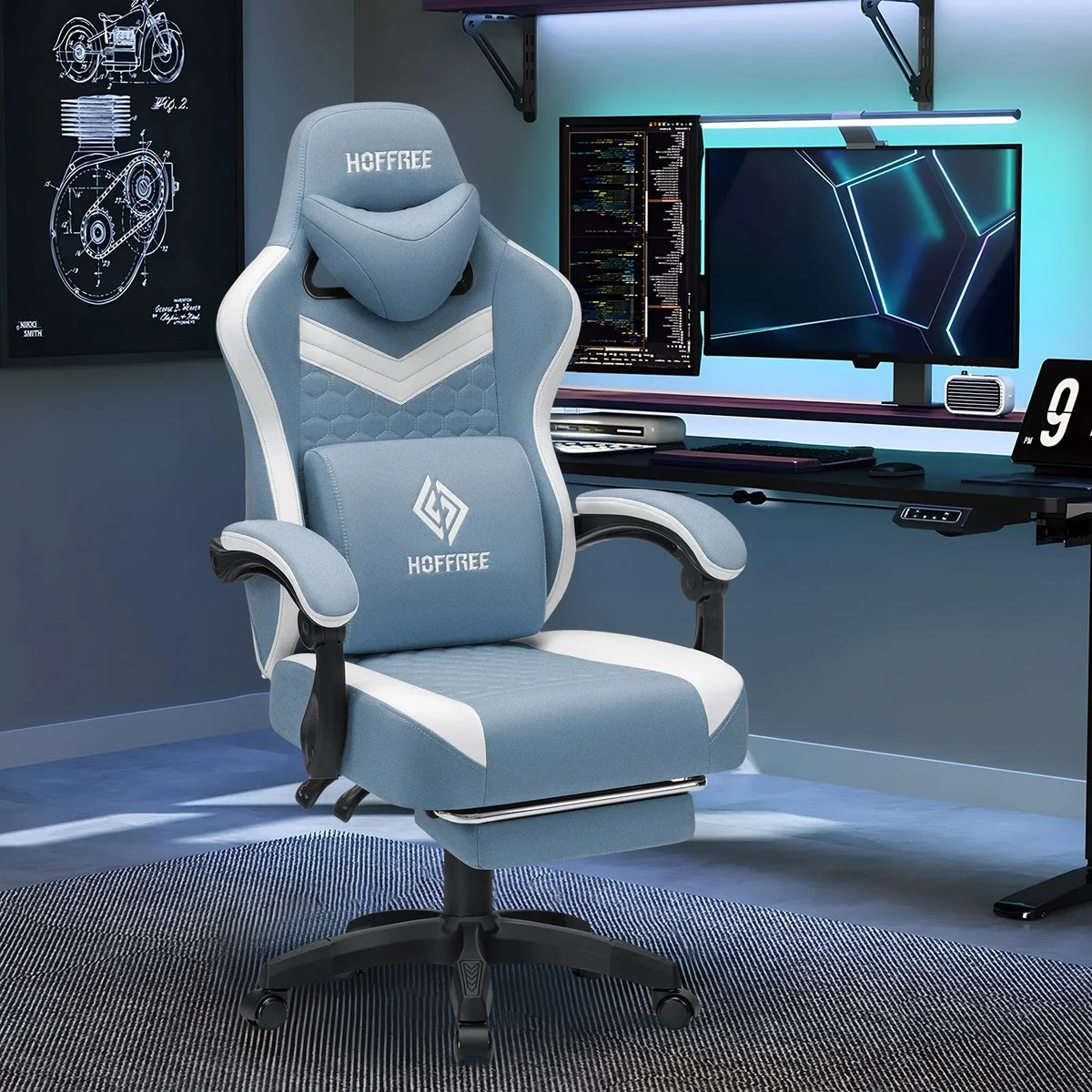 2026 NewHoffree Gaming Chair with Massage Fabric Office Chair with footrest for Adults, Ergonomic Gamer Chair with Headrest and Lumbar Support for Office Gaming, 440 LBS