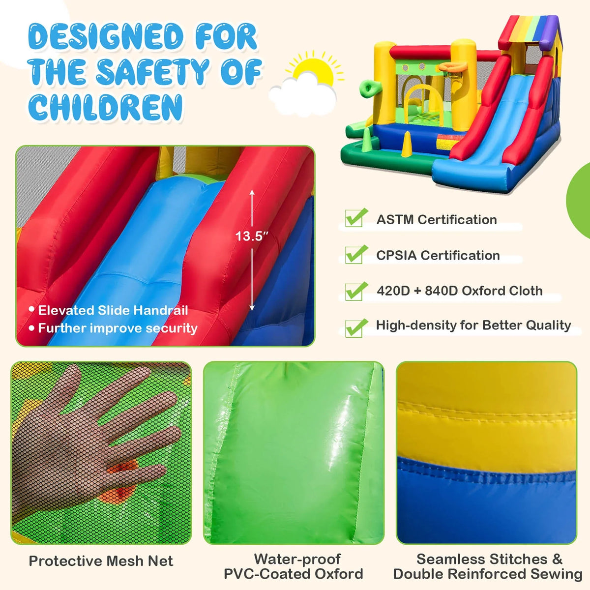 2026 NewCostway Colorful Rainbow Kids Inflatable Bounce Castle with 50 Ocean Balls & 735W Blower