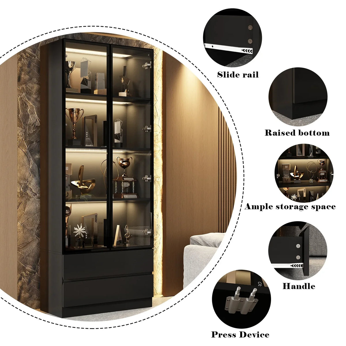 2026 NewKULAGAGA Bookcases Organizer with LED Lights, Heavy Duty Display Cabinet with Glass Door for Living Room, 31.5" Wide