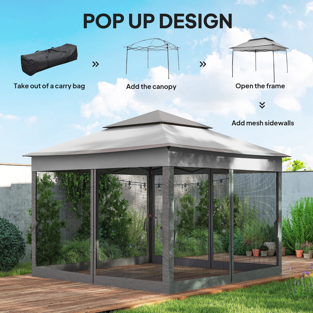 11'x11' Pop Up Gazebo 2-Tier Soft Top Gazebo w/ Mesh Netting, Mixed Grey