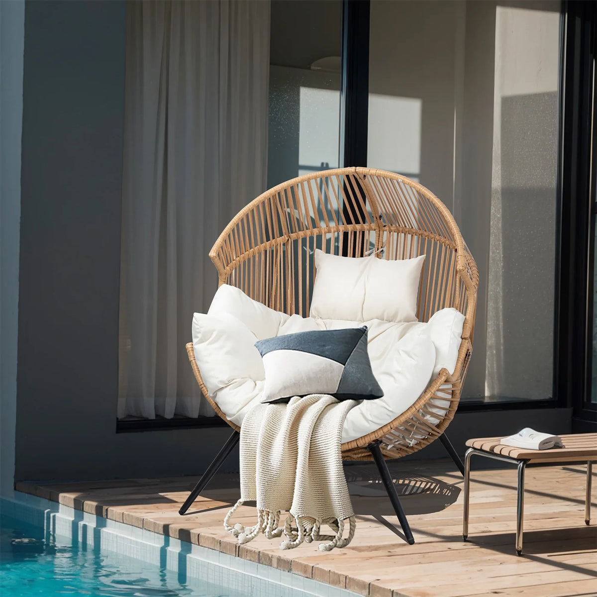 2026 NewWalsunny Egg Chairs Outdoor Patio Wicker Oversized Egg Shell Lounger Lawn Chair with Cushion for Indoor Outside Porch Balcony Backyard, Original Wood Color Rattan Beige Cushion
