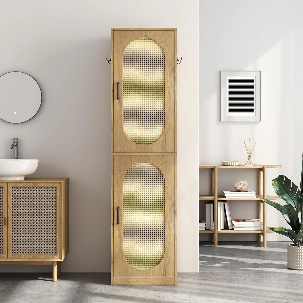 2026 New66-Inch Bathroom Storage Cabinet with Rattan Doors, Bath Room Organizer Floor Cabinets Brown